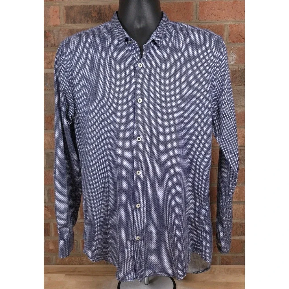 Bally Mens Blue White Geometric Cotton Tailored Fit Button Up Dress Shirt Large